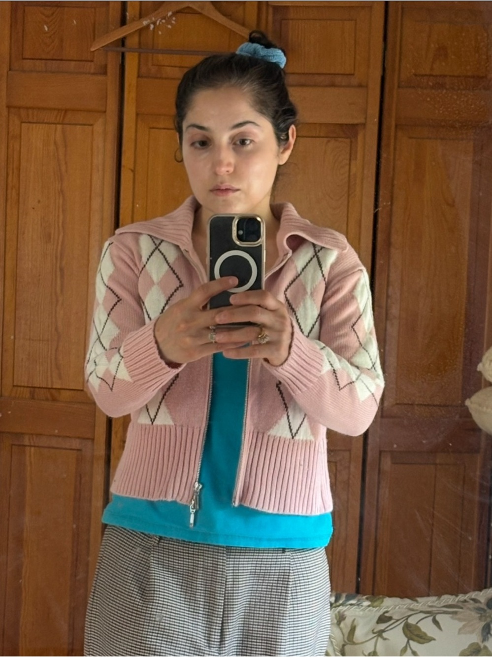 Ultra Flirt Pink Argyle Zip Cardigan with White Accents